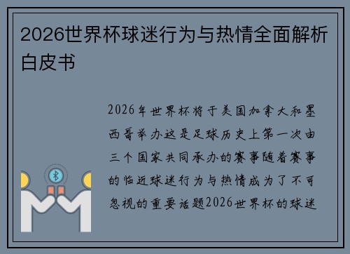2026世界杯球迷行为与热情全面解析白皮书